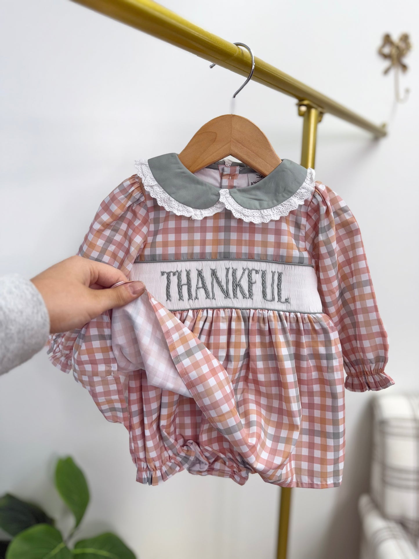 Thanksgiving Plaid Skirted Bubble - Hand Smocked "THANKFUL"