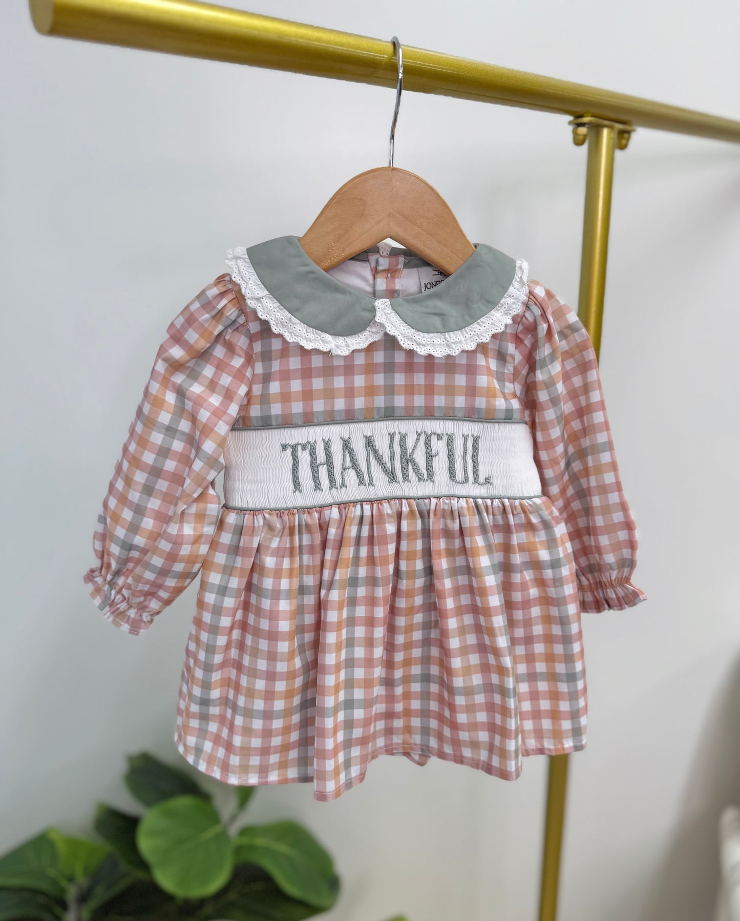 Thanksgiving Plaid Skirted Bubble - Hand Smocked "THANKFUL"