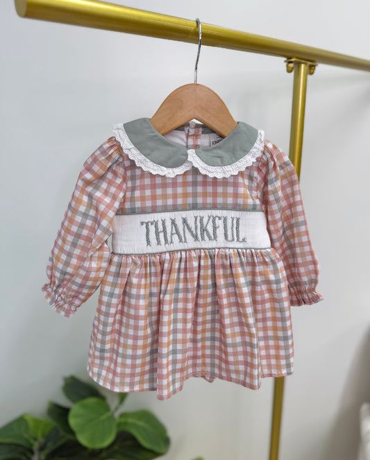 Thanksgiving Plaid Skirted Bubble - Hand Smocked "THANKFUL"