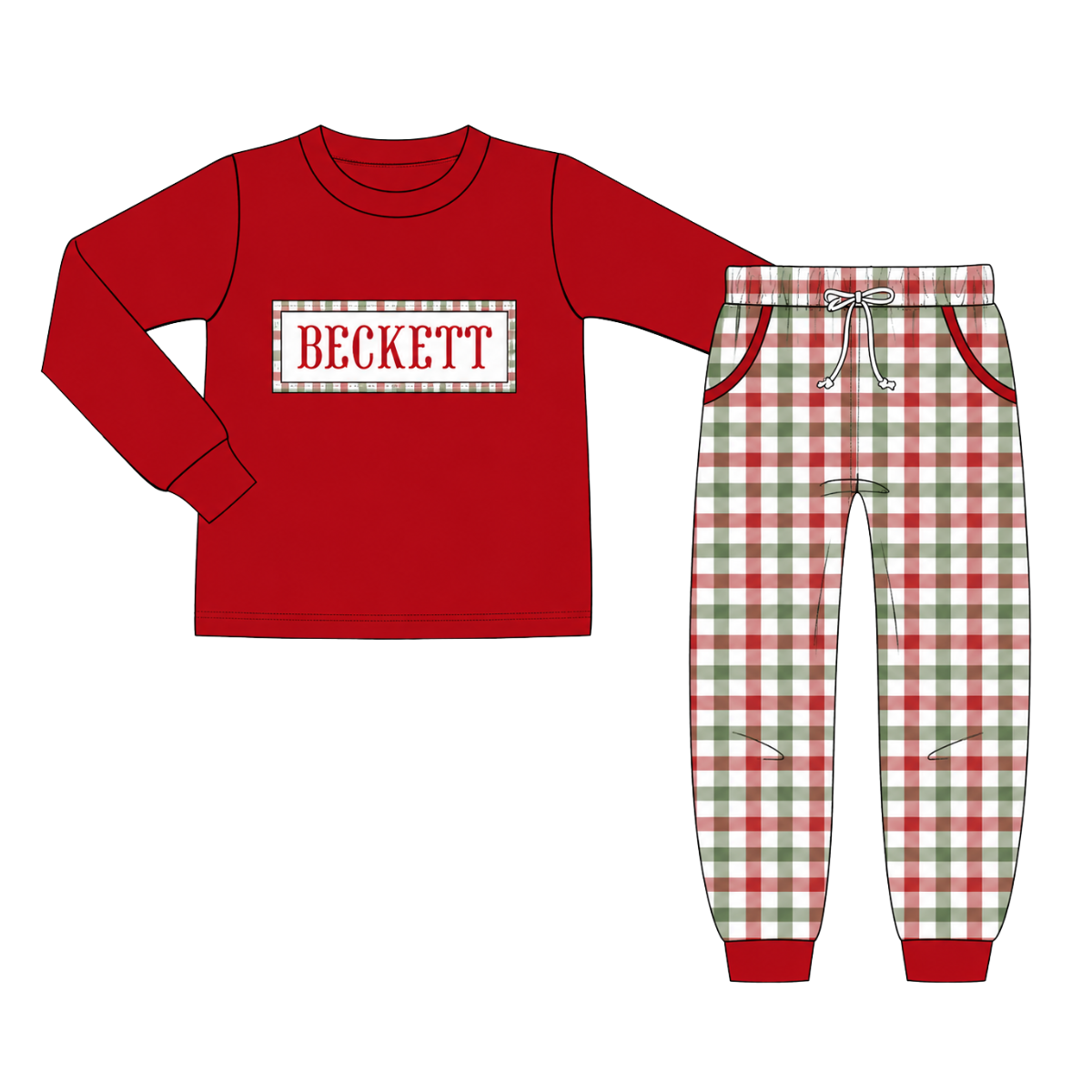 Christmas Gingham Custom Name Boy’s Pant Set PREORDER ETA OCTOBER