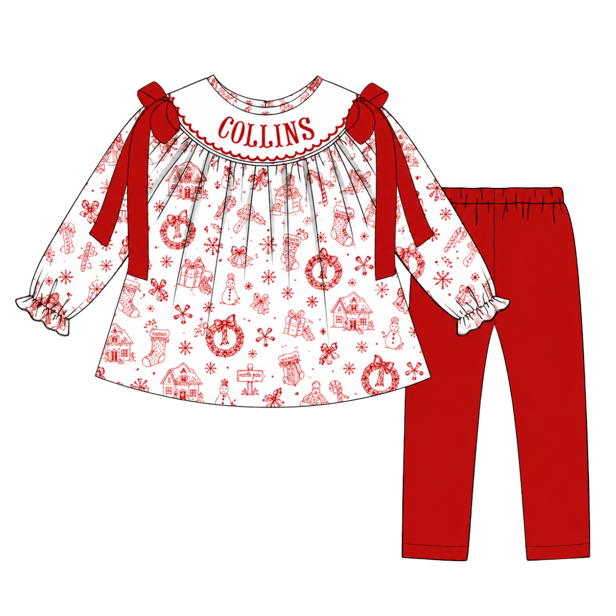 Christmas Toile Custom Name Girl’s Pant Set PREORDER ETA OCTOBER