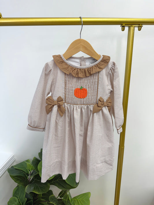Seersucker Pumpkins Girl's Dress - Hand Smocked