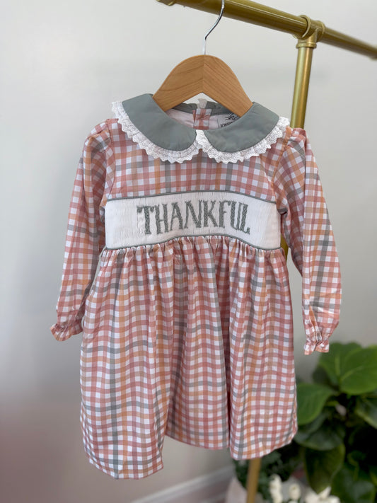 Thanksgiving Plaid 'THANKFUL' Smocked Dress - 3T
