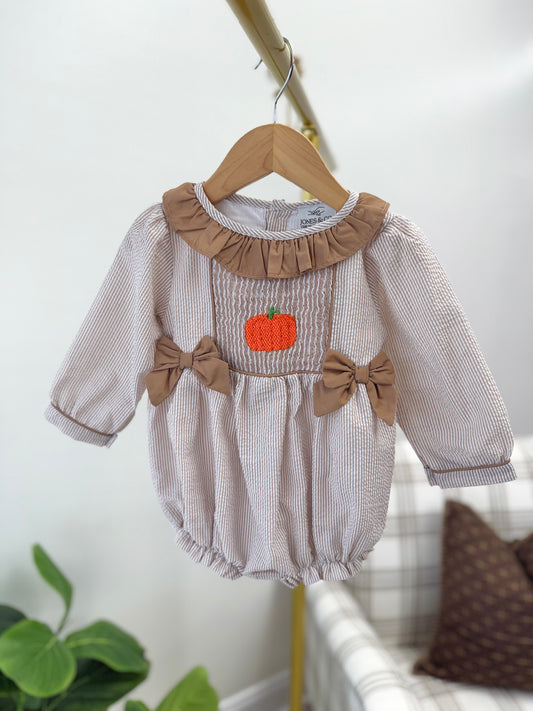 Seersucker Pumpkins Girl's Bubble - Hand Smocked