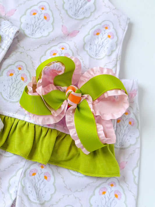 Pink & Green Ruffle Bow - Crowned With Grace